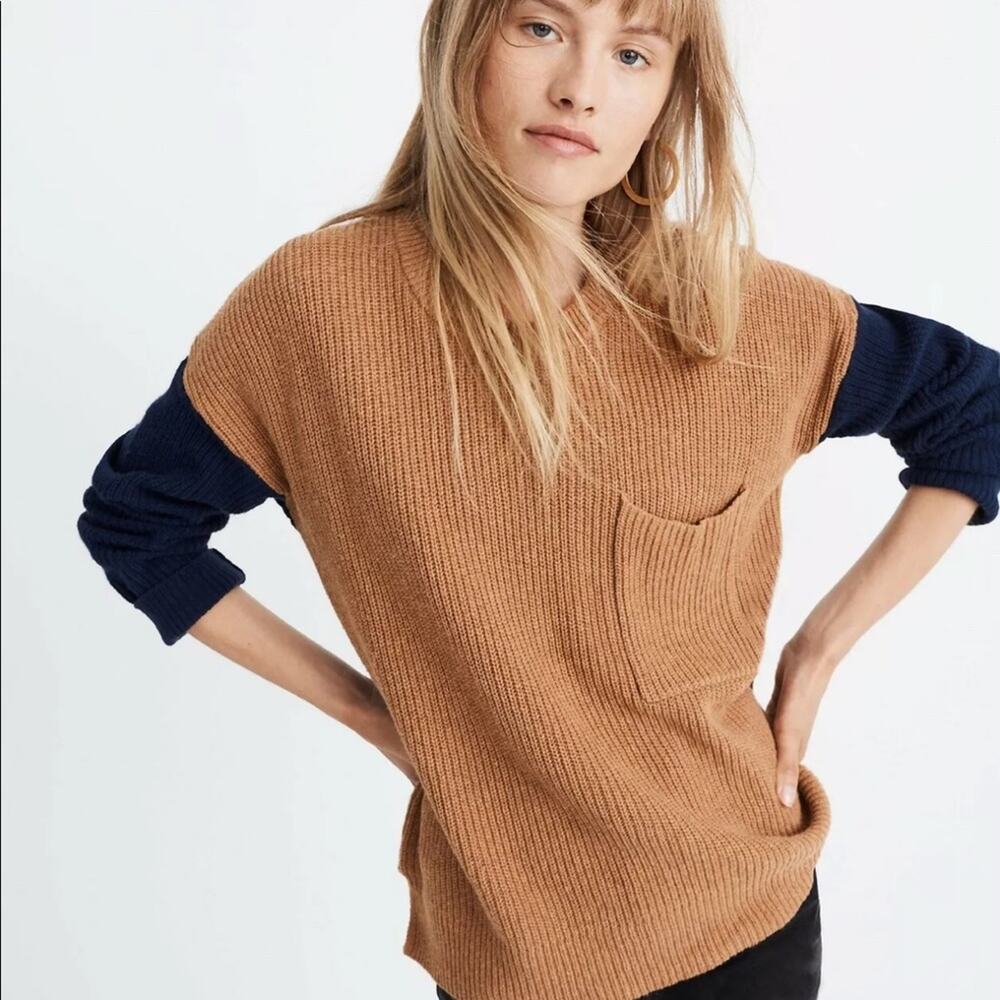 Madewell Blue Tan Pullover Sweater Size XXS NWT Preppy Minimalist Capsule Casual